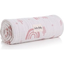 Odea Tr 4 Kat Jakarlı Müslin Battaniye 110X110 cm - Gökkuşağı Desen 2 Gülkurusu