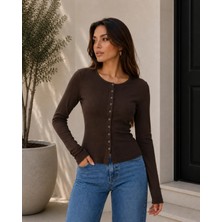 Vipelmoda Kadın Buzzy Kumaş Boydan Çıtçıtlı Uzun Kol Bluz