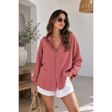 Yaren Co. Kadın Flamlı Keten Tek Cep Oversized Gömlek