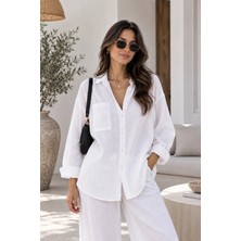 Yaren Co. Kadın Flamlı Keten Tek Cep Oversized Gömlek