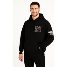 Marchè Bien Erkek Kapüşonlu Kanguru Cepli Sweatshirt 3 Iplik Pamuklu Baskılı Hoodie - Siyah
