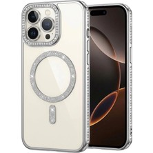 Nezih Case Apple Iphone 15 Pro ile Uyumlu Manyetik Şarj Özellikli Simli ve Taşlı Arkası Şeffaf Silikon Kılıf