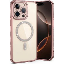 Nezih Case Apple Iphone 15 Pro ile Uyumlu Manyetik Şarj Özellikli Simli ve Taşlı Arkası Şeffaf Silikon Kılıf
