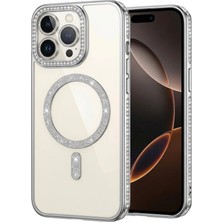 Nezih Case Apple Iphone 14 Pro ile Uyumlu Manyetik Şarj Özellikli Simli ve Taşlı Arkası Şeffaf Silikon Kılıf