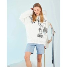Marchè Bien Kadın Oversize Kapüşonlu Baskılı 3 Iplik Pamuklu Hoodie Sweatshirt - Beyaz
