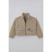 Orko Kız Çocuk Peluş Crop Hırka Kontrast Şerit & Dekoratif Yazı Arma Detaylı Fermuarlı 10-16 Yaş , Bej