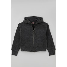 Orko Kız Çocuk Peluş Crop Hırka Kapüşonlu Fermuarlı 10-16 Yaş , Füme Melanj