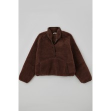 Orko Kız Çocuk Peluş Sweatshirt Önü Yarım Çıtçıt Pat Kanguru Cepli 10-16 Yaş , Kahverengi