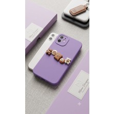 Elivora iPhone 11 Uyumlu Sevimli Ayıcık ve Bisküvi Figürlü Mor Silikon Kılıf