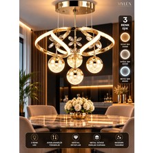 Mylüx Aydınlatma MYLÜX 4 Toplu Modern LED Avize Parlak Gold Kristal Çiçek Detaylı 3 Renk Işıklı 40 cm Lüks Salon ve Yemek Odası Avizesi