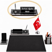 Ofistike Ares Gümüş Türk Bayraklı Siyah Deri Sümen Takımı Mermer Desen Ahşap Isme Özel Masa Isimliği Isimlik
