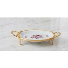 Furkan Dekoratif Gold Metal Ayaklı Oval Çiçekli Porselen Sunumluk Tabak