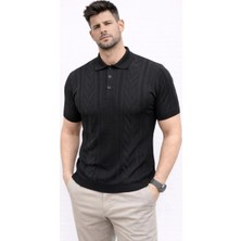 Marchè Bien Erkek Yazlık Triko Tişört Kısa Kol Polo Yaka Düğmeli T-Shirt - Siyah