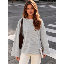 Öz Pamuk Kadın Soft Bisiklet Yaka Oversize Içi Polarlı Uzun Geniş Kollu Sweatshirt