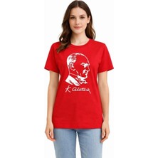 Marchè Bien Kadın Atatürk Baskılı Tişört Kısa Kollu Bisiklet Yaka T-Shirt - Kırmızı