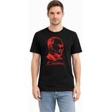 Marchè Bien Erkek Atatürk Baskılı Tişört Kısa Kollu Bisiklet Yaka T-Shirt - Siyah