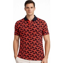 Marchè Bien Erkek Pike Kumaş Polo Yaka Palmiye Desenli Tişört Kısa Kol Yazlık T-Shirt - Kırmızı