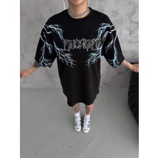Marchè Bien Kadın Bisiklet Yaka Baskılı  Kısa Kol Oversize T-Shirt - Siyah