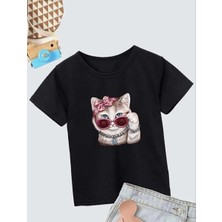 Marchè Bien Kız Çocuk Bisiklet Yaka Baskılı T-Shirt - Siyah