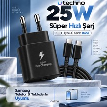 utechno 25W (Watt) Samsung Uyumlu Süper Hızlı Şarj Uyumlu Başlık | Type-C To Type-C Kablo Set Siyah A Serisi ve S Serisi Bütün Modeller S21 S22 S23 S24 A34 A35 A54 A55 A56
