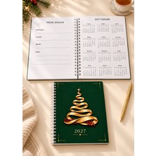 A5 Spiralli Defter 2027 Takvimli 50 Yaprak 100 Sayfa Çizgili Yeşil Altın Kurdele Ağaç Desenli Not Defteri