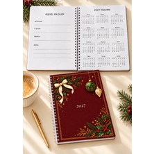 A5 Spiralli Defter 2027 Takvimli 50 Yaprak 100 Sayfa Çizgili Krem Kırmızı Fiyonk Desenli Not Defteri