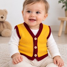El Örgüsü Bebek Yeleği Sarı Bordo V Yaka Düğmeli