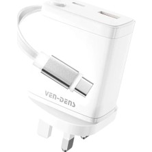 Ven-Dens VD-TC155BAC 30 W Pd Hızlı Şarj Adaptörü, 2 Usb-C ve 1 Usb-A Port, Geri Çekilebilir Kablolu, Beyaz