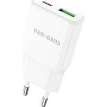 Ven-Dens VD-TC017BAC 30 W Pd Type-C Hızlı Şarj Adaptörü, Usb-C ve Usb-A Çift Port, Kompakt Tasarım, Beyaz