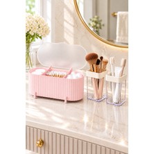 Dovi Home 3 Parça Banyo Düzenleyici Seti Pembe Renk – Kapaklı Pamukluk, Kulak Çubuğu Kutusu, Diş Fırçalık ve Makyaj Fırçalık Organizer
