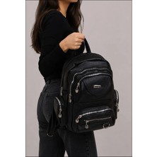 Goldbags Çok Gözlü Yıkama Deri Siyah Kadın Sırt Çantası 35X27CM