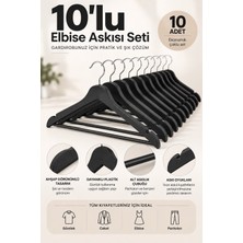 Dovi Home 10’lu Siyah Elbise Askısı Seti – Ahşap Görünümlü Dayanıklı Plastik, Pantolon Çubuklu ve Askı Oyuklu