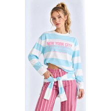 Mevese Oversize Kesim New York City Baskılı Çizgili Bisiklet Yaka Kadın Sweatshirt- Mavi-Beyaz
