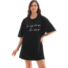 Marchè Bien Kadın Kısa Kol Yazlık Tişört Bisiklet Yaka Baskılı Oversize T-Shirt - Siyah
