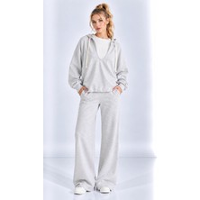 Mevese Kadın V Yaka Sweatshirt, Kolsuz Atlet ve Yüksek Bel Wide Leg Pantolon Üçlü Spor Şık Takım- Gri Melanj