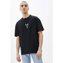 Marchè Bien Erkek Baskılı T-Shirt Kısa Kol Bisiklet Yaka Rahat Kalıp Tişört - Siyah