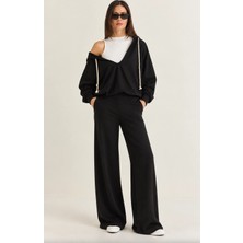 Mevese Kadın V Yaka Sweatshirt, Kolsuz Atlet ve Yüksek Bel Wide Leg Pantolon Üçlü Spor Şık Takım- Siyah