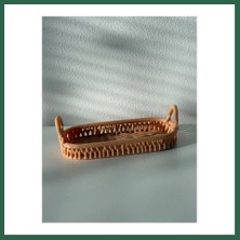 Vintessy Vıntessy 3D Baskı Oval Ratan Görünümlü Dekoratif Tepsi Kulplu Örgü Desenli Sunum Sepeti Bej BZS01