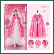 Vintessy Vıntessy Kar Tanesi Desenli Pembe Elsa Pelerini - Astarlı Frozen Pelerini 85 cm BZS01