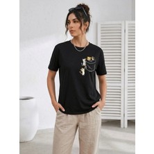 Marchè Bien Kadın Sevimli Kedi Cep Baskılı Tişört Kısa Kol Yazlık T-Shirt - Siyah