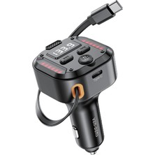 Ven-Dens VD-FM011 Bluetooth 5.3 Araç Fm Transmitter, 40,5 W Toplam Çıkış, 75 cm Geri Çekilebilir Type-C Kablo, Ortam Aydınlatması, Siyah