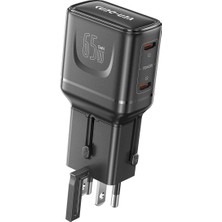 Ven-Dens VD-TA003 65 W Pd Pps 4’ü 1 Arada Seyahat Adaptörü, 2 Usb-C ve 1 Usb-A Port, Abd, Ingiltere, Avrupa ve Avustralya Uyumlu, Siyah
