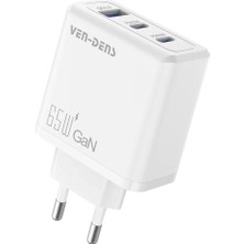 Ven-Dens SP-TC80BG 65 W Pd 3 Portlu Hızlı Şarj Adaptörü, 2 Type-C ve 1 Usb-A, Pd 3.0 ve Qc 3.0 Desteği, Beyaz
