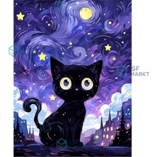 Isf Markt 5d Dıy Elmas Boyama Seti - Mor Gece Gök Altında Siyah Kedi 30X40 cm | Yuvarlak Elmaslı, Çerçevesiz
