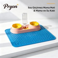 Pryon Pembe Ikili Kedi Köpek Mama ve Otomatik Su Kabı Seti – Mavi Kaymaz Plastik Matlı, Yaş ve Kuru Mama Hazneli Sevimli Kulaklı Besleme Seti