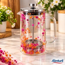 Abnturk 800ML Çift Cidarlı Çelik Kapaklı Cam Kulplu French Press-Bitki Çayı ve Kahve Demleme Uzun Süre Sıcaklık Muhafazalı French Press
