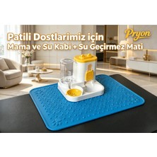 Pryon Sarı Renk-Kedi Köpek Mama ve Otomatik Su Kabı Seti – Mavi Kaymaz Plastik Matlı, Paspaslı Besleme Seti