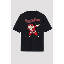 Marchè Bien Yılbaşı Merry Christmas Noel Baba Baskılı Oversize Bisiklet Yaka T-Shirt - Siyah