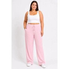 Marchè Bien Kadın Battal Beden Bürümcük Kumaş Beli Lastikli Bağcıklı Bol Paça Palazzo Pantolon - Pembe