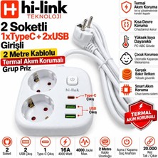 Antenci Hi-Link 2xsoketli 1xtypec+2xusb Girişli  2metre Termal Akım Korumalı Grup Priz Beyaz